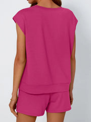 Relaxed cap-sleeve top and shorts set in Deep Rose, perfect for casual wear.