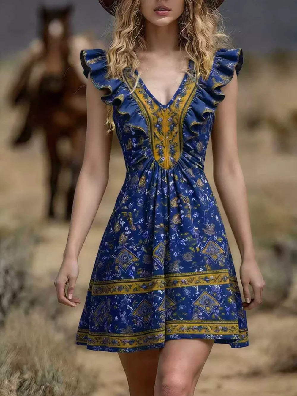 Ruffled V-neck Mini Dress, model styling view