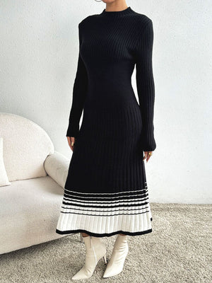 Black ribbed knit midi dress with contrast striped hem and mock neck