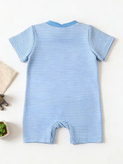 Blue and white striped baby bodysuit with short sleeves and a round neckline.