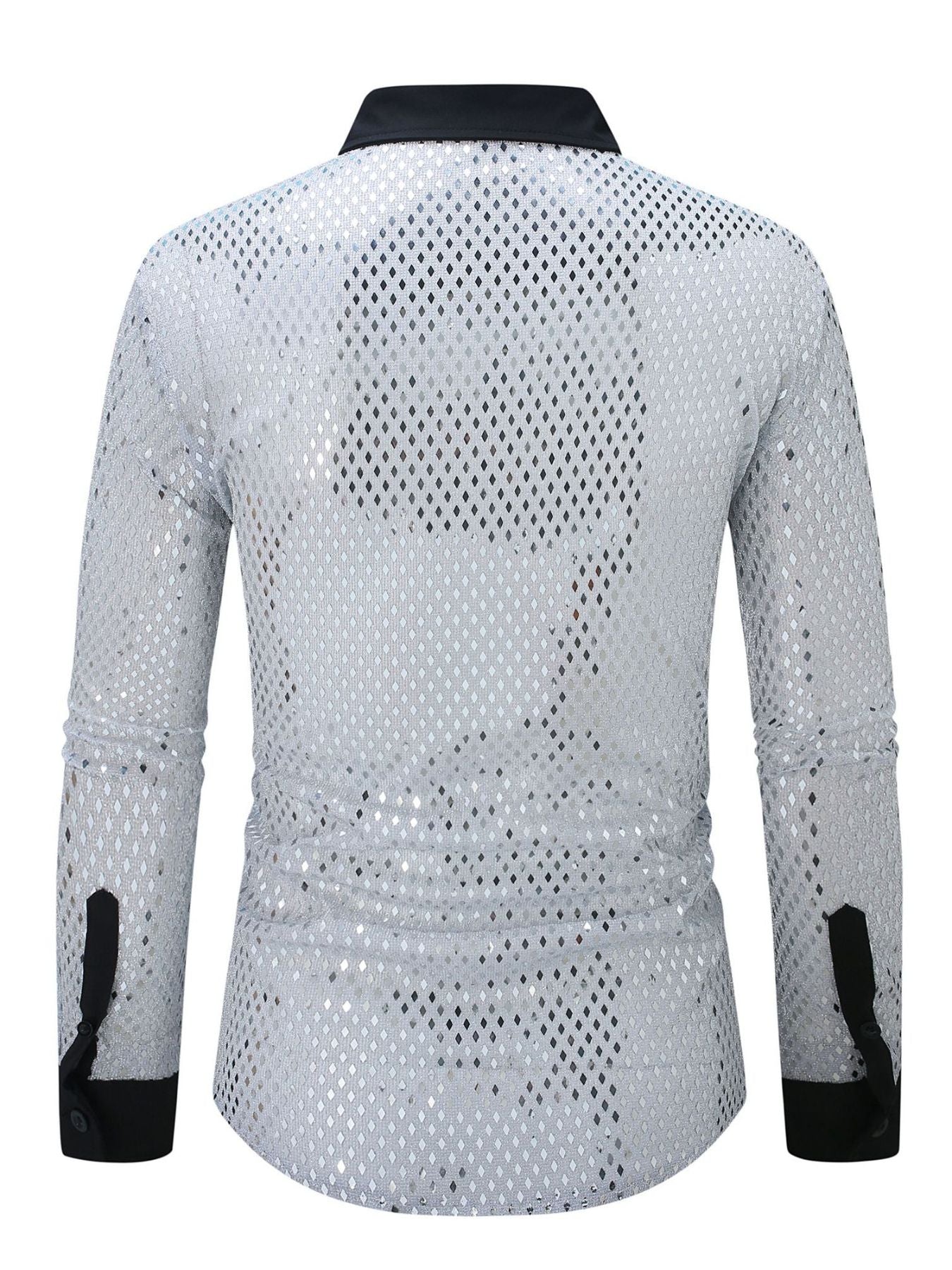 Men's silver openwork long sleeve shirt with black collar and cuffs.