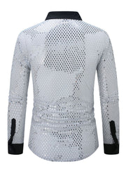 Men's silver openwork long sleeve shirt with black collar and cuffs.