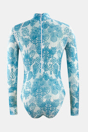 Geometric print high-neck long sleeve one-piece swimsuit in light blue with white zipper