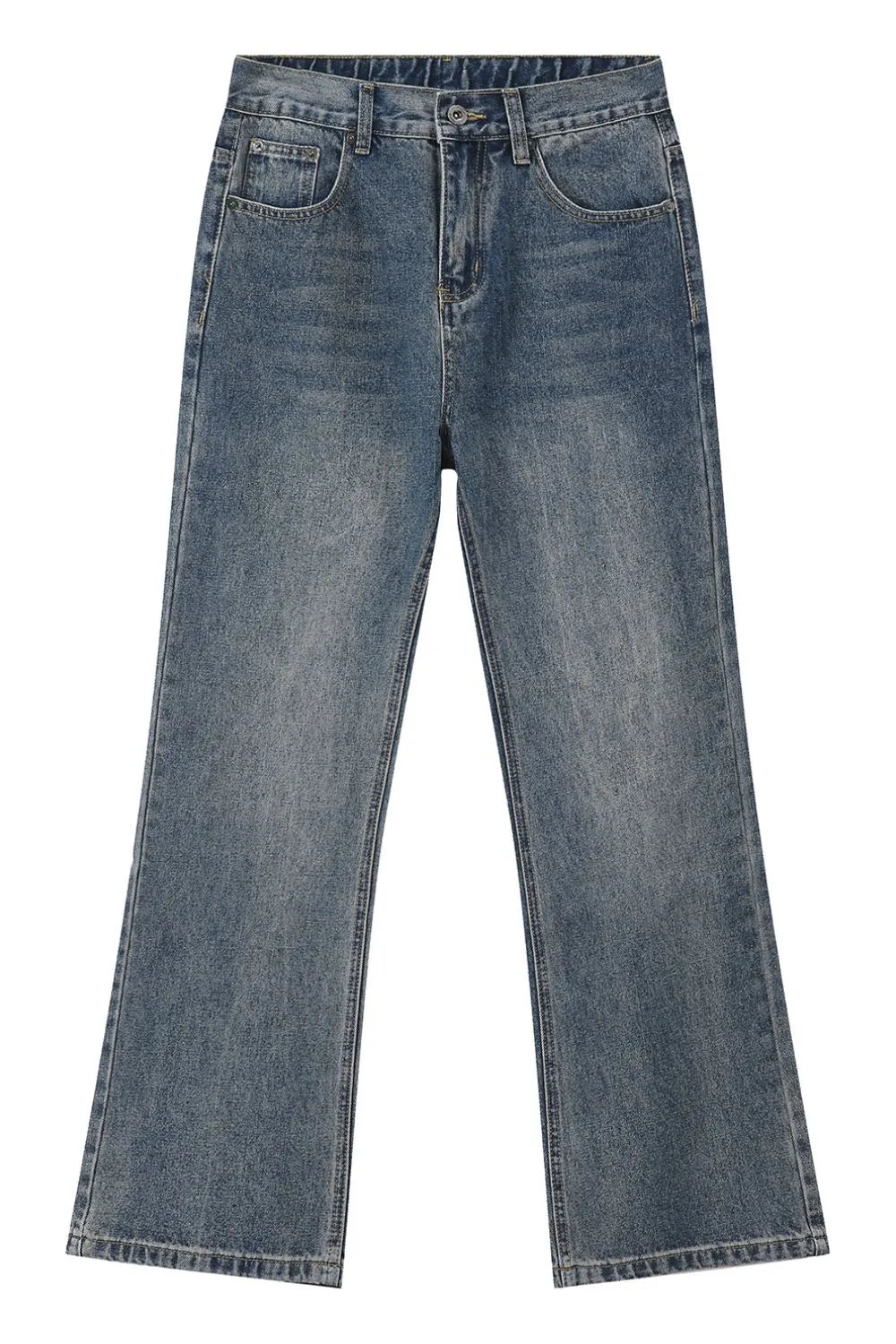 Baggy denim jeans in medium wash with subtle fading and a relaxed fit.