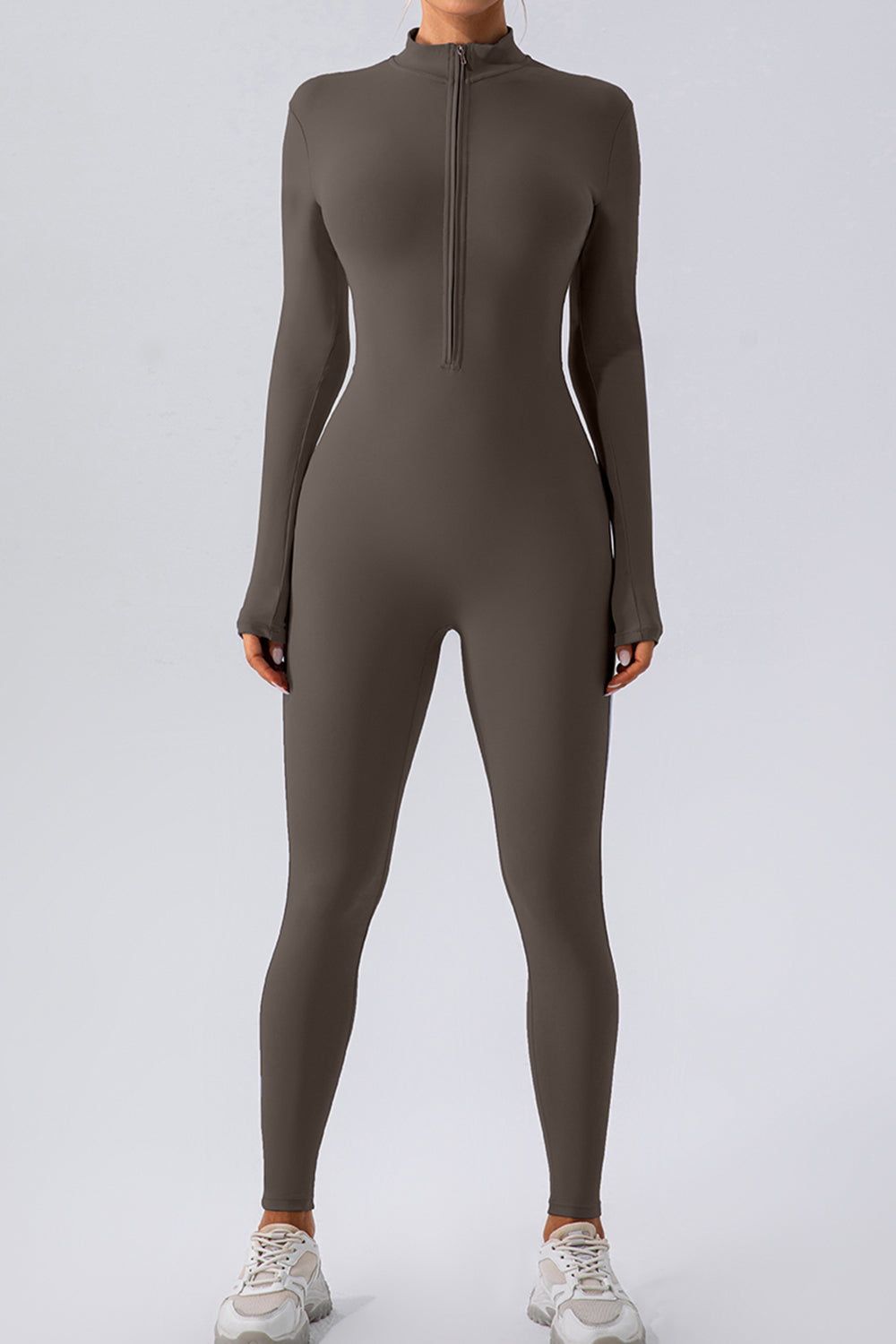 Sculpted zip-front long sleeve bodycon jumpsuit in Chocolate.