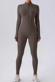 Sculpted zip-front long sleeve bodycon jumpsuit in Chocolate.