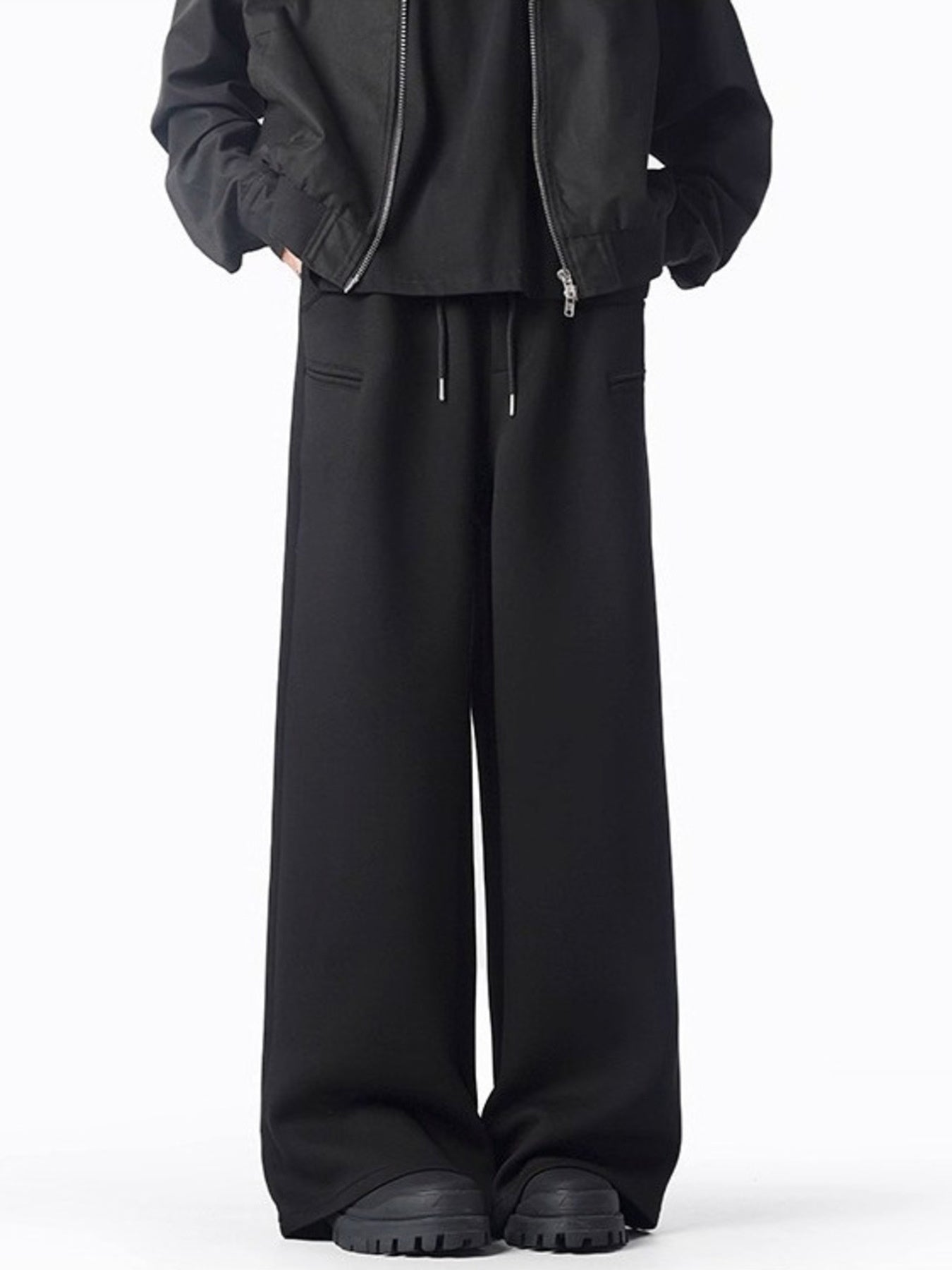 Black casual wide-leg sweatpants with drawstring and pockets