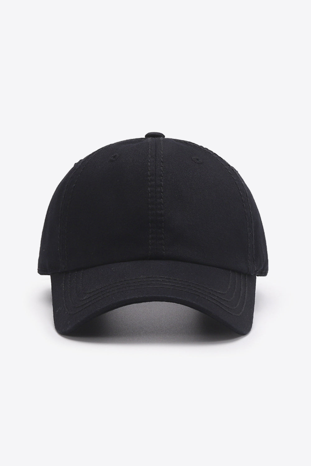 Black canvas baseball cap with stitched detailing and curved brim.