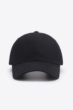 Black canvas baseball cap with stitched detailing and curved brim.