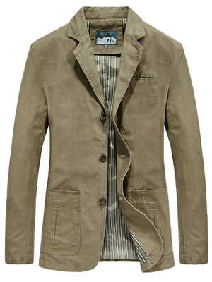Khaki cotton slim fit casual button-up blazer with striped lining