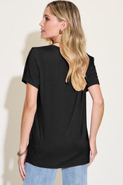 Black V-neck t-shirt with short sleeves and an asymmetric hemline.
