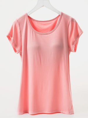 Pink short sleeve t-shirt with built-in bralette and scoop neck.