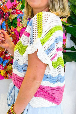 Scalloped crochet tee with ruffle sleeves in stripe colorblock pattern and open knit.