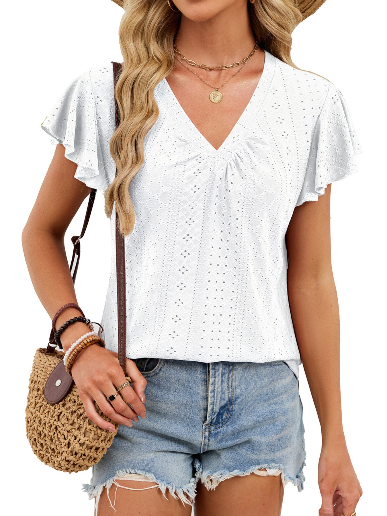 White flutter sleeve ruched t-shirt with eyelet detail and V-neck