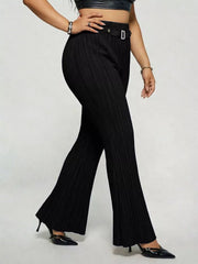 Black ribbed high-waist flare maternity trousers with buckle detail and wide leg