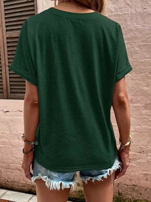 Full Size Notched T-shirt With Rolled Sleeves in Pink, view 15