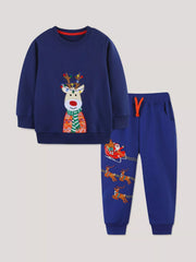 Dark navy Christmas tracksuit with embroidered reindeer and Santa on a sleigh.