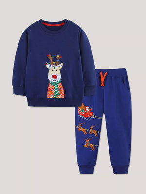 Dark navy Christmas tracksuit with embroidered reindeer and Santa on a sleigh.