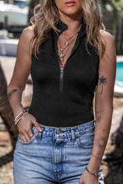 Black ribbed sleeveless bodysuit with a quarter zip neckline
