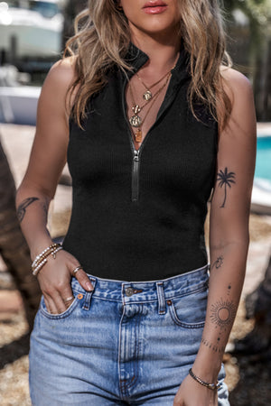 Black ribbed sleeveless bodysuit with a quarter zip neckline