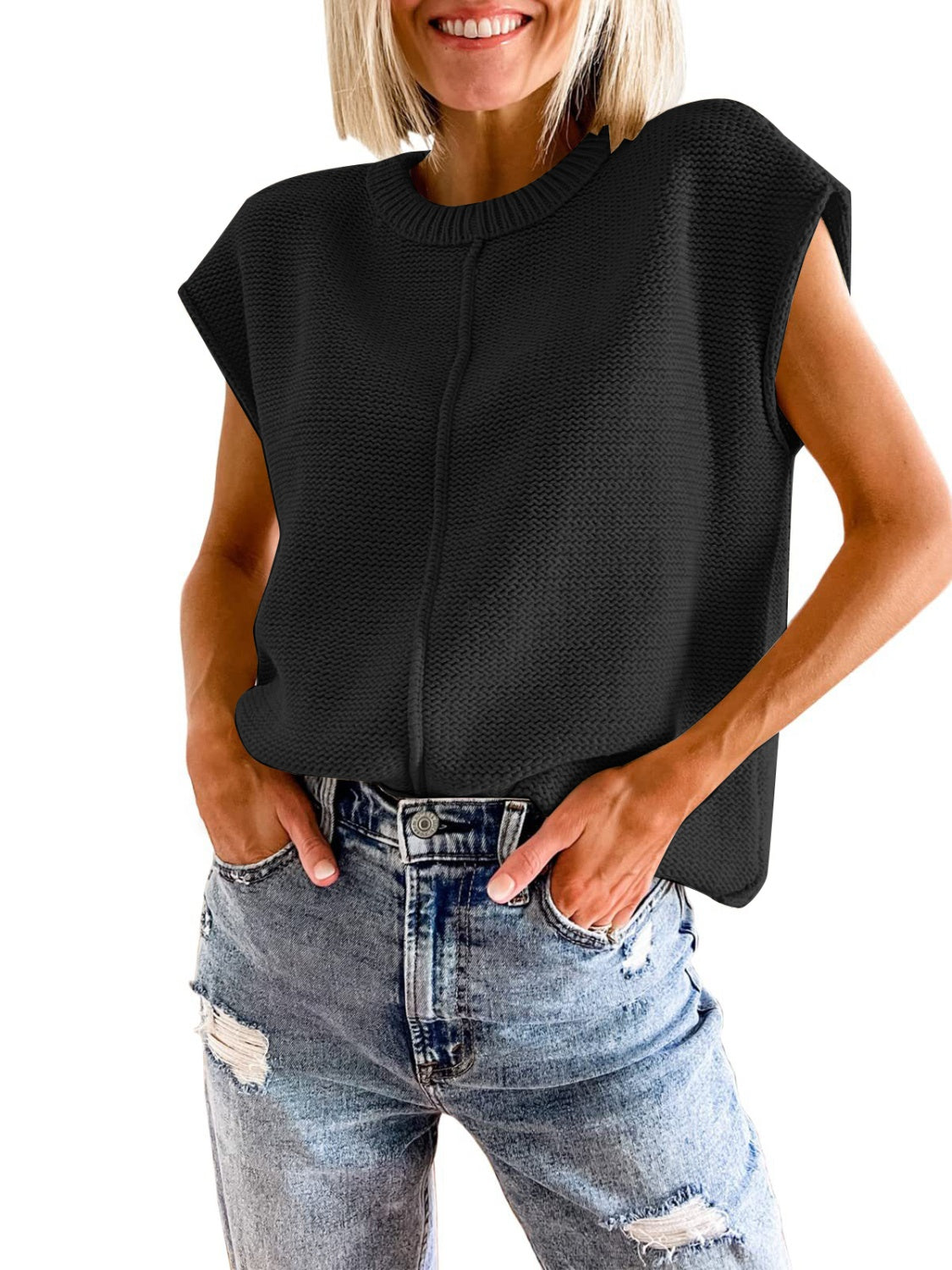 Black knit tank top with center seam and crew neck