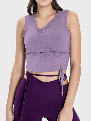 Lavender asymmetric ruched crop tank top with tie detail