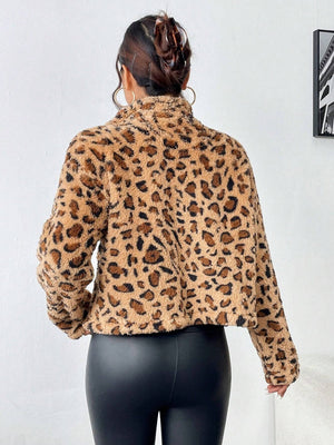 Leopard faux fur bomber jacket in camel with a stand-up collar.