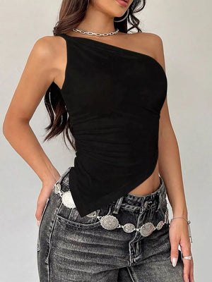 Black asymmetrical one-shoulder slim cami with ruched side detail.