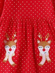 Red polka dot baby dress with cute reindeer applique and ruffled waist.
