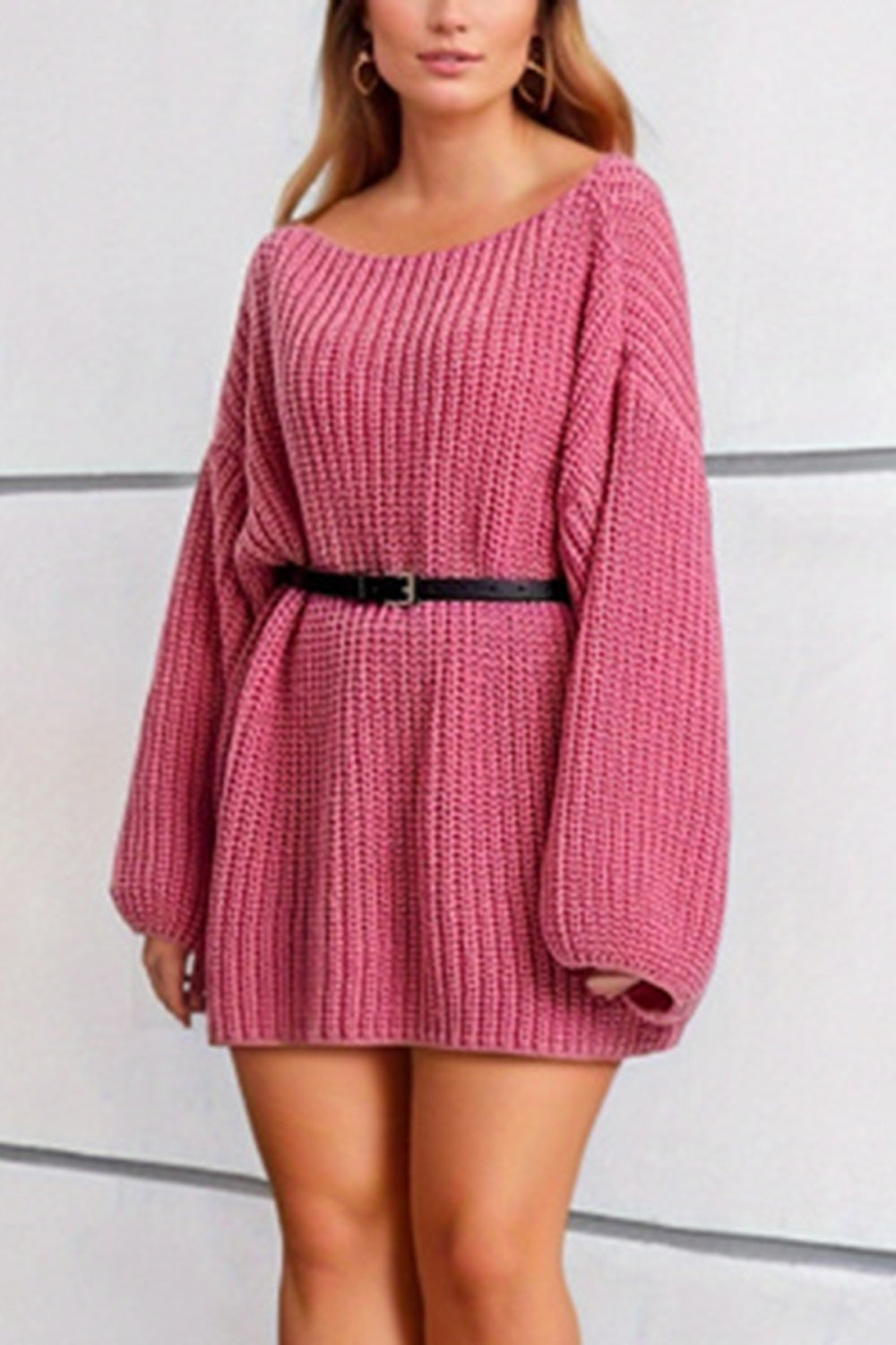 Pink ribbed knit oversized mini dress with boat neck and belted waist