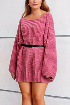 Pink ribbed knit oversized mini dress with boat neck and belted waist