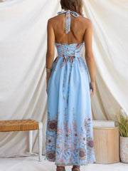 Blue floral halter neck maxi dress with lace-up back detail