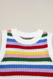 Rainbow stripe crochet tank top with white ribbed neckline and open knit sides.