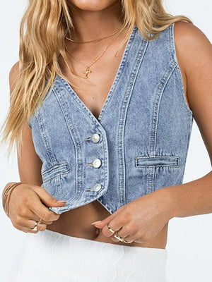 Light blue denim vest with V-neck, button front, and chest pocket.