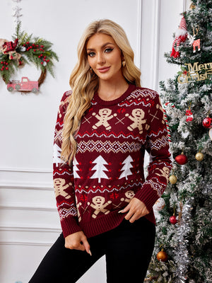 Burgundy acrylic knit sweater with gingerbread man and Christmas tree Fair Isle pattern.