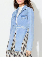 Medium wash denim wrap coat with asymmetric hem and tie waist detail.