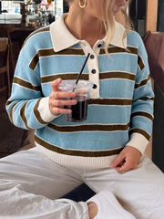 Striped Polo Collar Sweater in Blue, side view