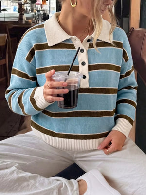 Striped Polo Collar Sweater in Blue, side view