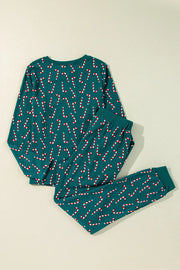 Candy cane print long sleeve pajama set in deep teal with crew neck and elastic waist pants.
