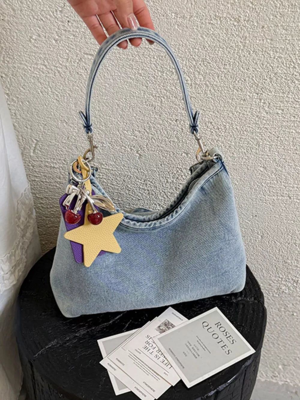 Star Charm Denim Shoulder Bag in Medium, product detail