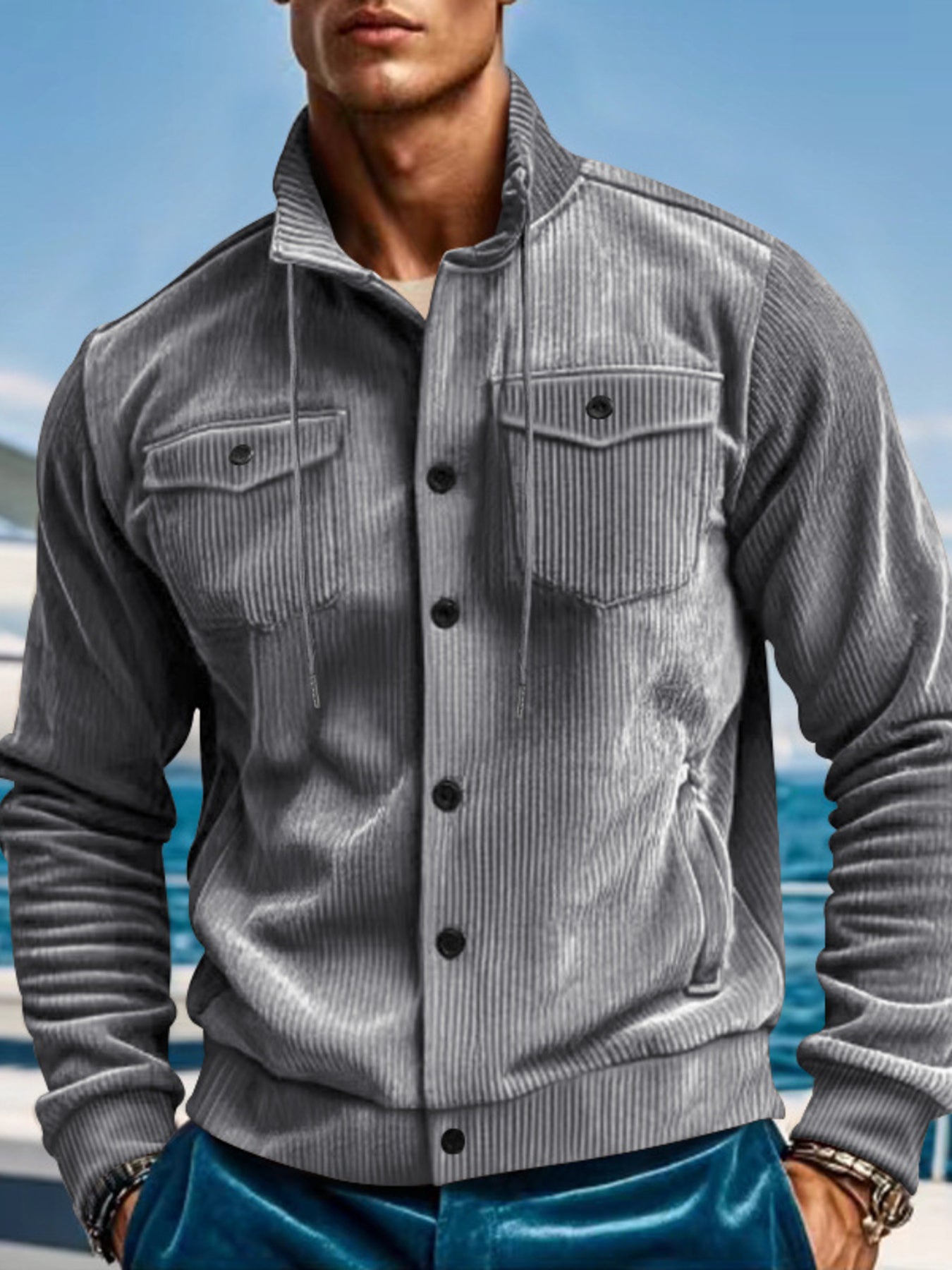 Casual Corduroy Jacket With Flap Pockets