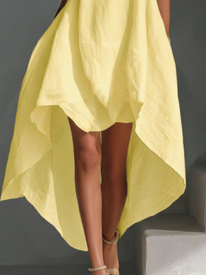 Yellow high-low hem dress with asymmetrical flowy skirt detail