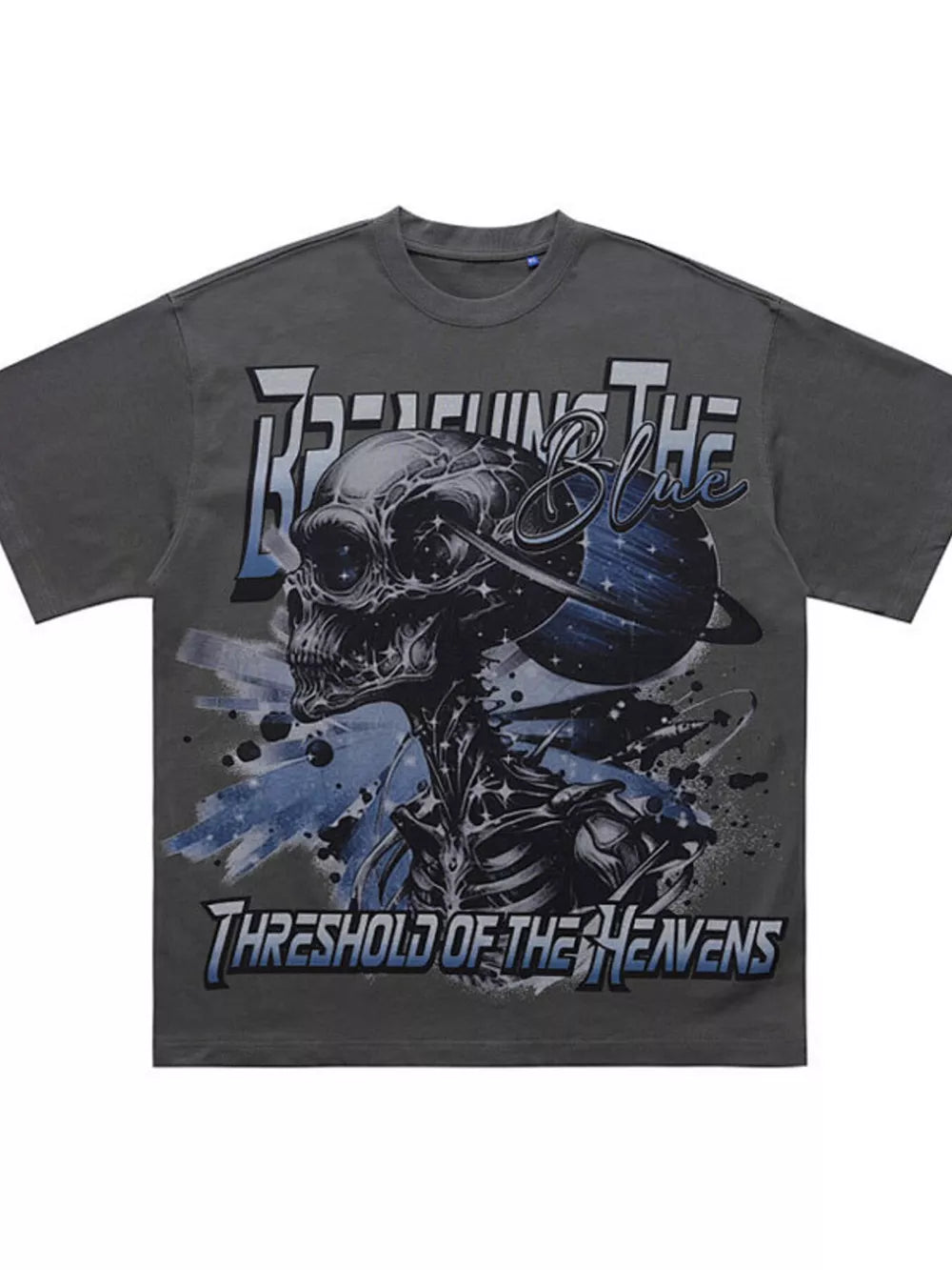Grey t-shirt with bold skull graphic and text "BREACHING THE BLUE THRESHOLD OF THE HEAVENS