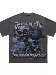 Grey t-shirt with bold skull graphic and text "BREACHING THE BLUE THRESHOLD OF THE HEAVENS