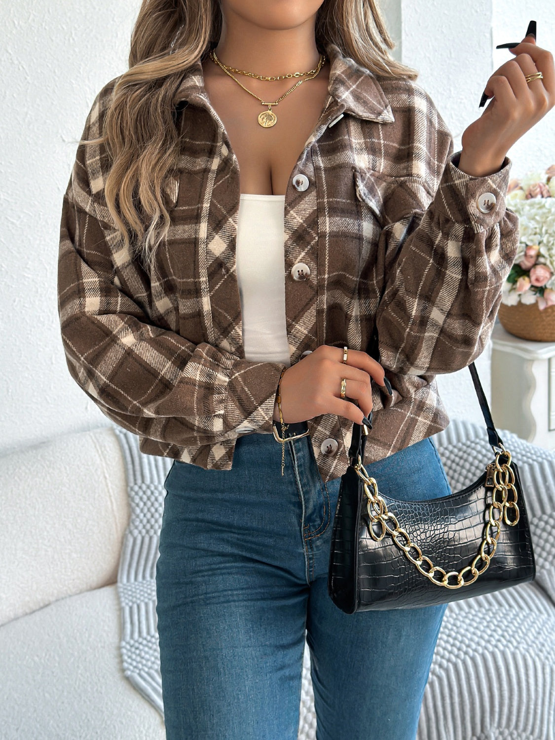 Cropped plaid shacket in taupe with gathered sleeves and button front.