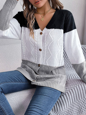 Colorblock cable knit cardigan with button front and V-neck.