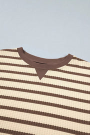 Stripe Patchwork Ribbed Cuff Pullover Sweatshirt in Beige, product detail
