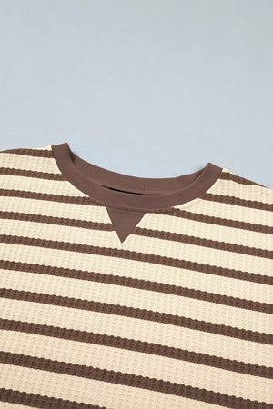 Stripe Patchwork Ribbed Cuff Pullover Sweatshirt in Beige, product detail