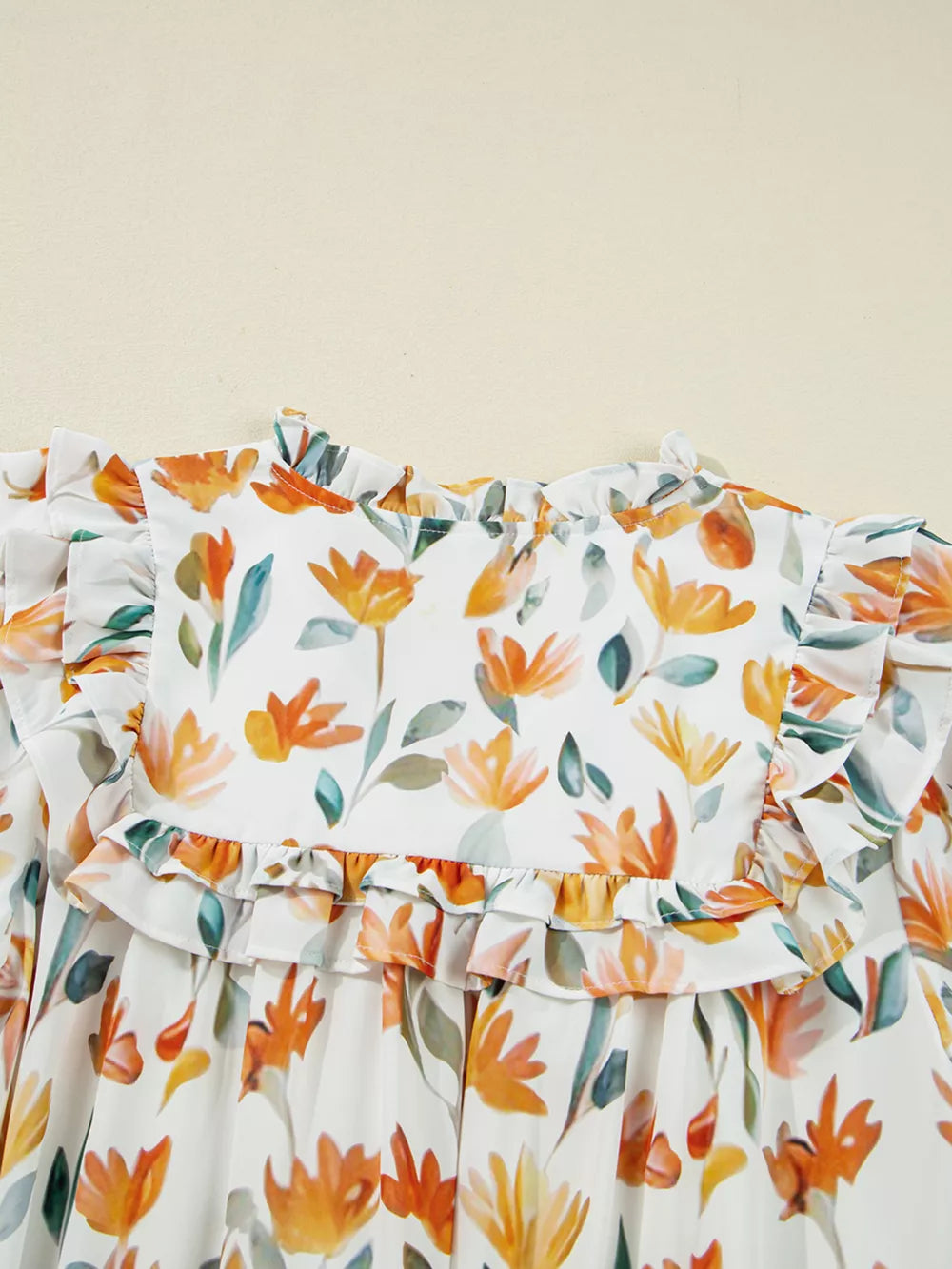 Bohemian Floral Print Ruffle Mini Dress in Sherbet, product detail