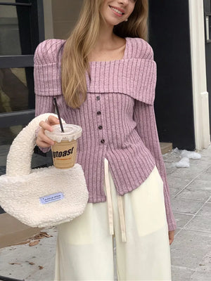 Ribbed Square Neck Long Sleeve Crop Top in Lilac, front view